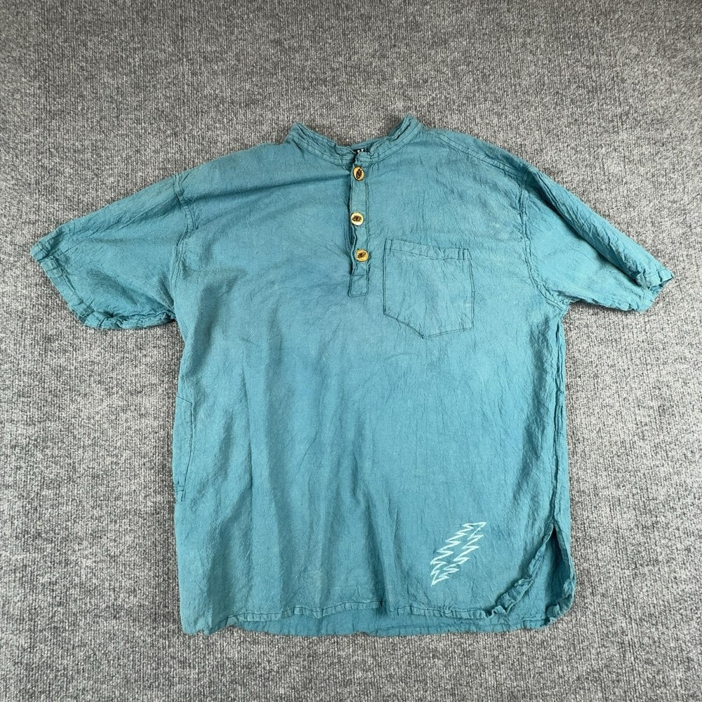 Jaxli Shirt Mens 2XL Blue Henley Short Sleeve Grateful Dead Hippie Embroidered